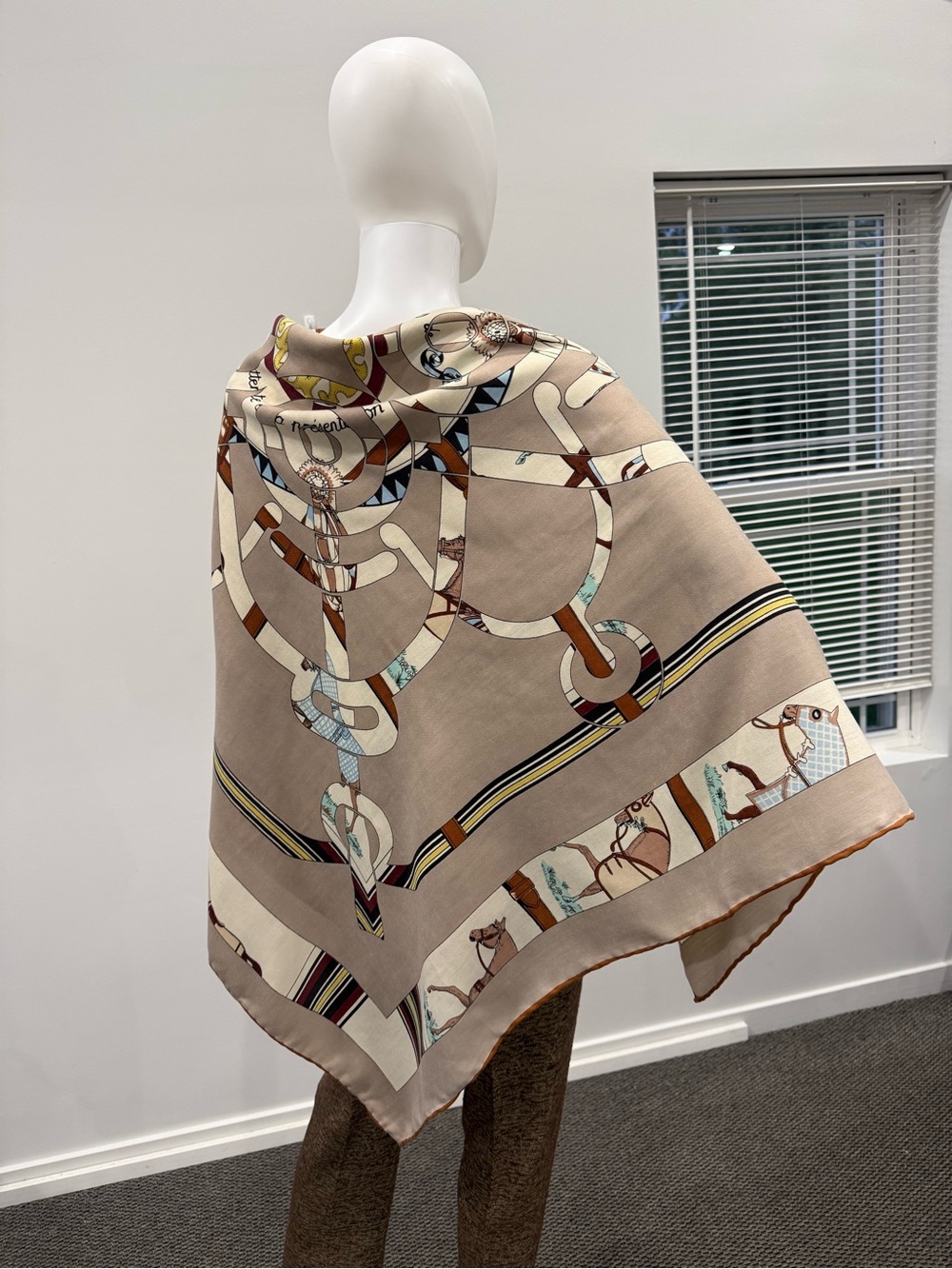 Neutral Beige Printed Silk & Cashmere Scarf with Equestrian Motif - Picture 6 of 14